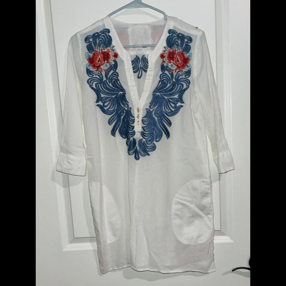 Johnny Was Small Europa Oversized Shirt White Embroidered Tunic Top/Blouse